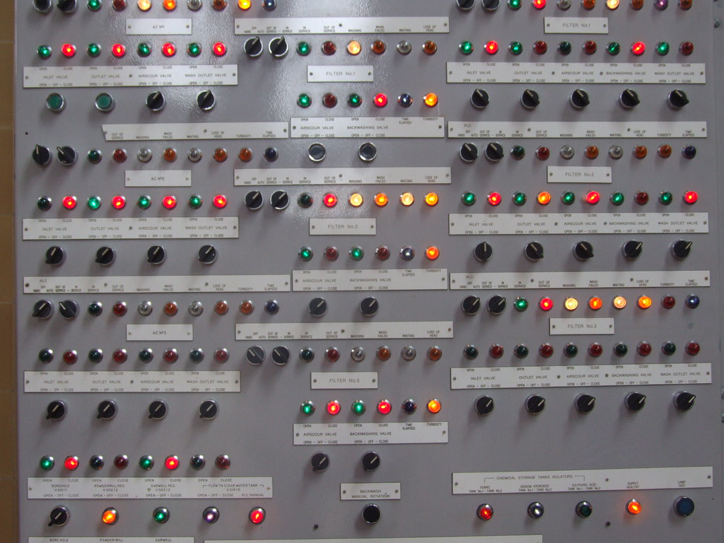 A grey industrial control panel covered in rows of labelled switches, knobs and red, green and amber indicator lights